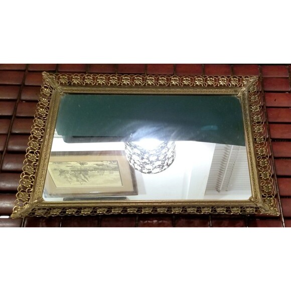 Vintage Mirrored Dresser Vanity Tray Ornate Gold Tone Floral Art Nouveau Motif - Picture 1 of 3